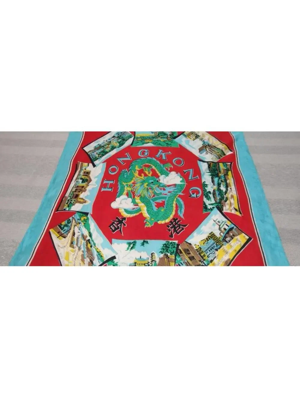 Vintage 1940s 50s Green Dragon Scarf HONG KONG Bably Blue Chinese Red Landscapes
